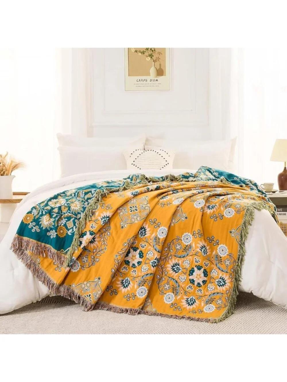 Cozy Boho Throw Blanket - 100% Cotton Ultra Soft Floral Quilt, All Season Decor